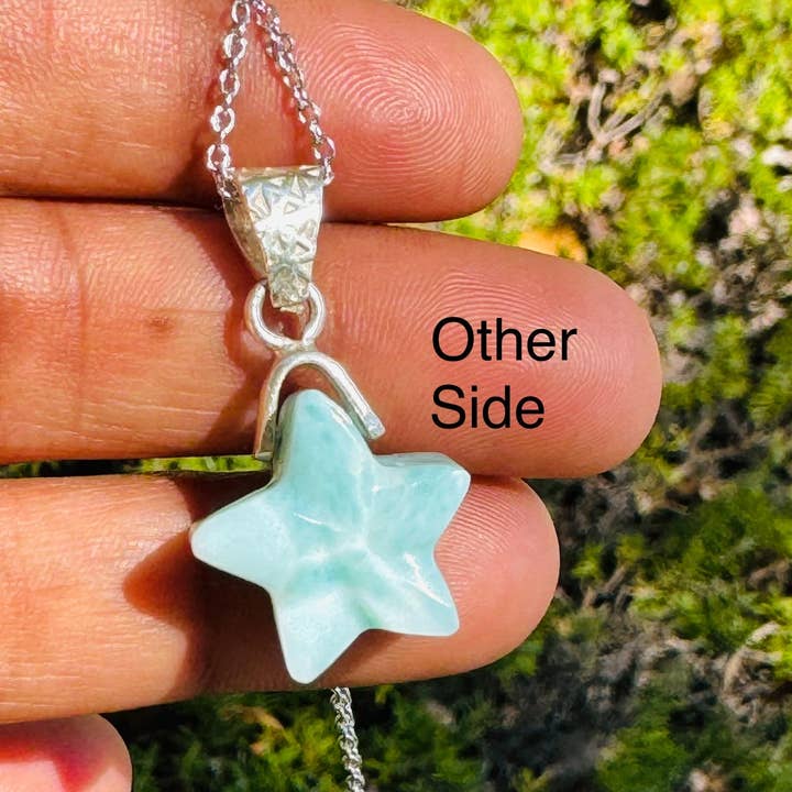 Akstar Gems - Venta al por mayor Collares con colgantes/abalorios - Collar de larimar, piedra de la Atlántida, piedra curativa, estrella de plata, joyería bohemia, joyería bohemia, regalo de joyería de larimar de la República Dominicana, 1,20 x 0,60 pulgadas9