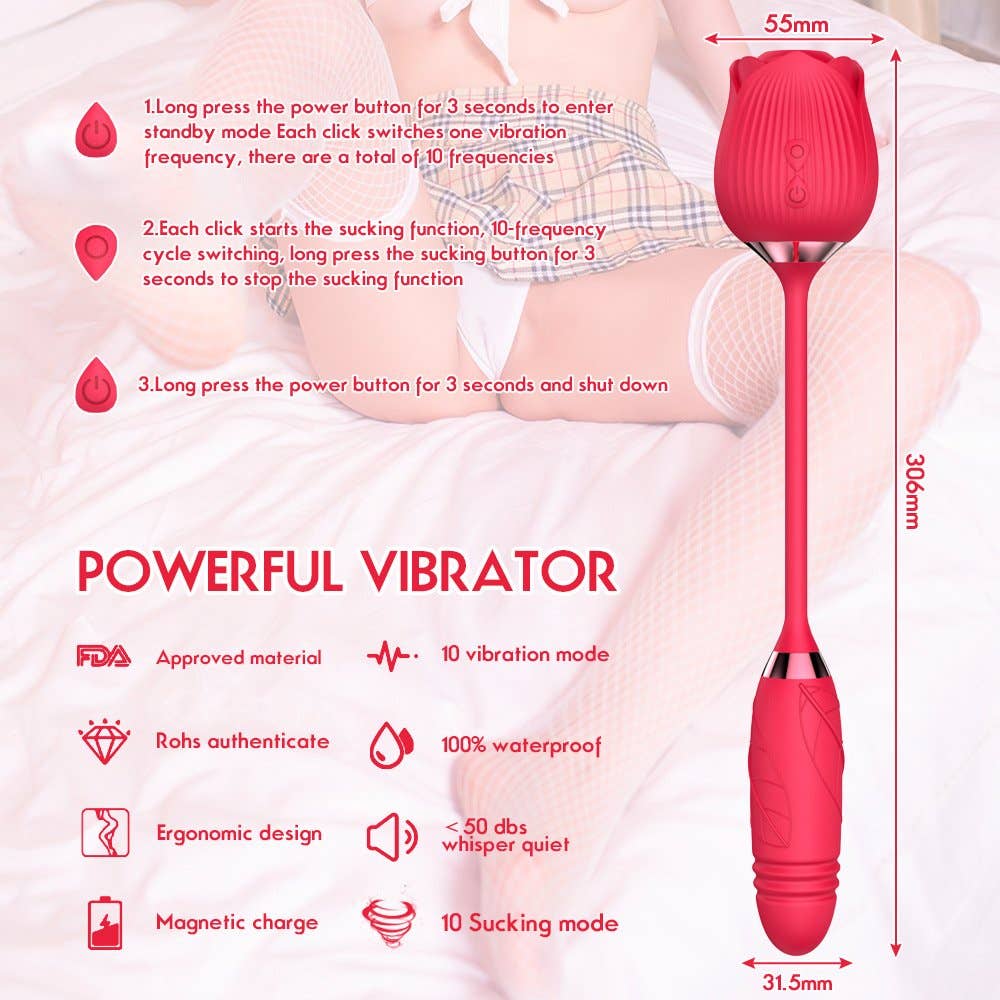 Playful Toy Wholesale - Wholesale Sex Toy - 10 Function Rose Vibrator with Thrusting Bullet7