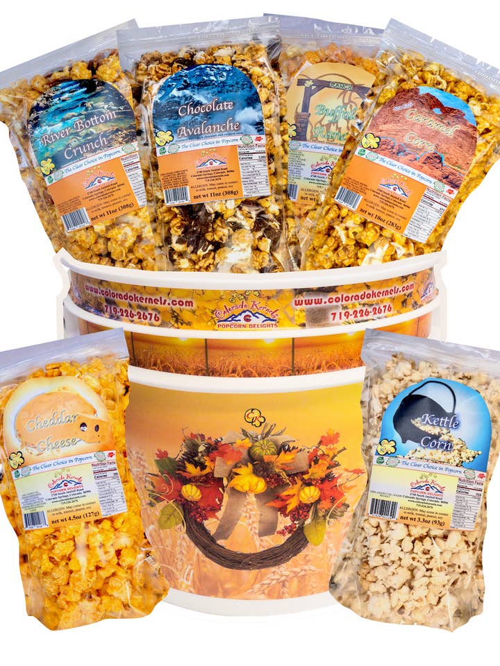 Season-Themed Savory/Delight Popcorn Bucket for wholesale by Colorado Kernels