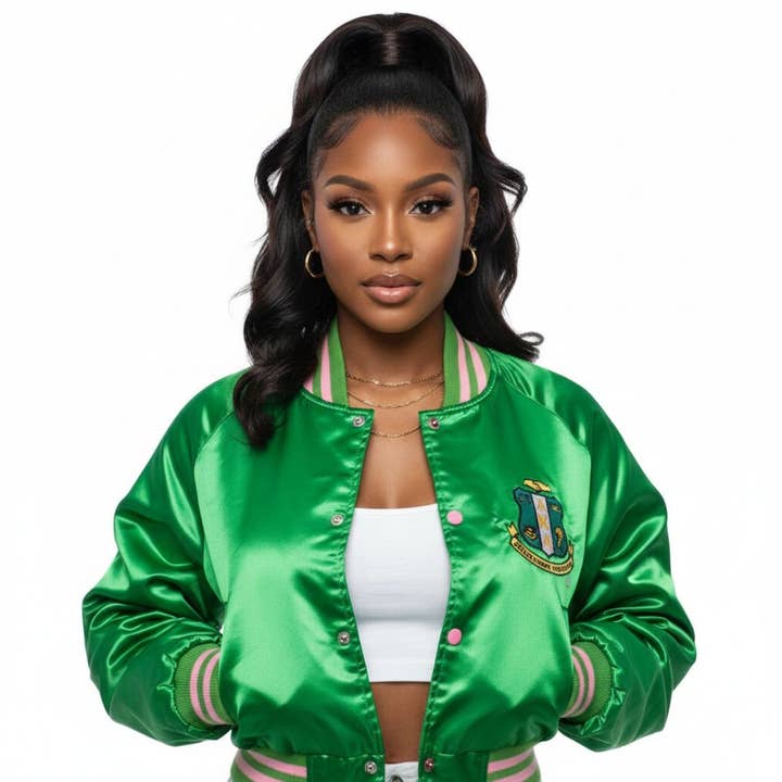 Veste universitaire courte en satin AKA Greek Apparel S pour la vente par PinktownUSA