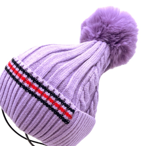 LOOWIE - Wholesale Beanie - Women's - Lilac Purple 5610 Striped Fake Fur Pom Beanie Hat LOOWIE0