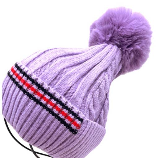 LOOWIE - Wholesale Beanie - Women's - Lilac Purple 5610 Striped Fake Fur Pom Beanie Hat LOOWIE