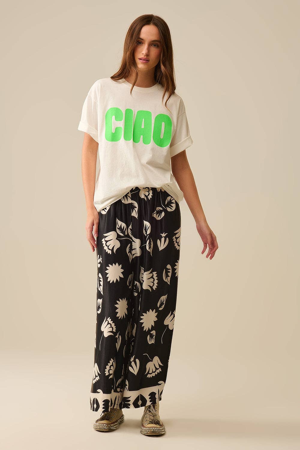 White Relaxed CIAO T-Shirt With Green Letters for wholesale on Faire2
