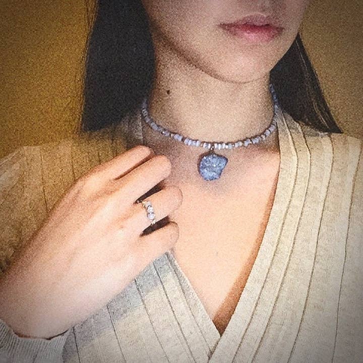 Custom Size Cat's Eye and Blue Agate Necklace and Ring Set for wholesale by Linny’s Arsty Fingers LLC