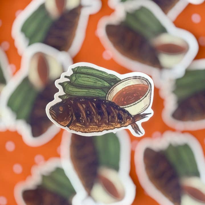 Claudine Castro Art - Wholesale Sticker - Grilled Fish & Okra Cute Food Sticker, Filipino Food, Vinyl1