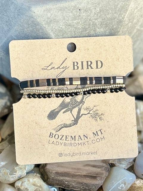 Essential Black & Silver Tila Bead Stacked Bracelet Set for wholesale by Lady Bird Market