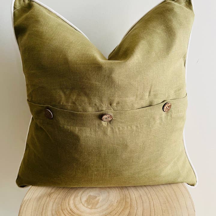 Mama and Tochter - Wholesale Throw pillow cover - Pure French Linen Cushion Cover with Piped Edge - Olive with White Piping1