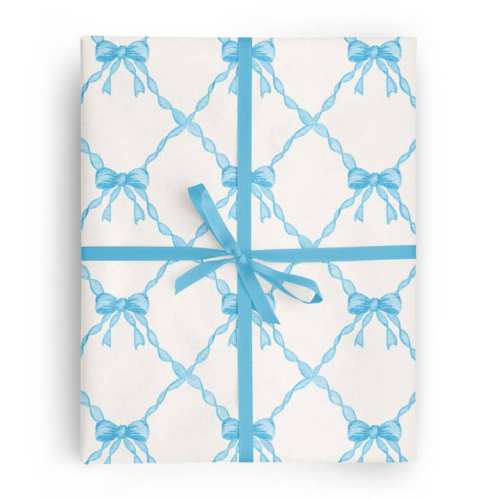 Vivie and Ash - Wholesale Wrapping Paper Roll - Blue Watercolor Bow Trellis Wrapping Paper Roll1
