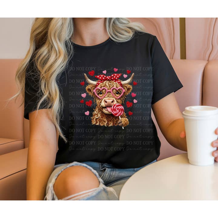 6643 - Faux yarn highland cow with sucker Valentine *DTF Transfer for wholesale by It's Transfer Time