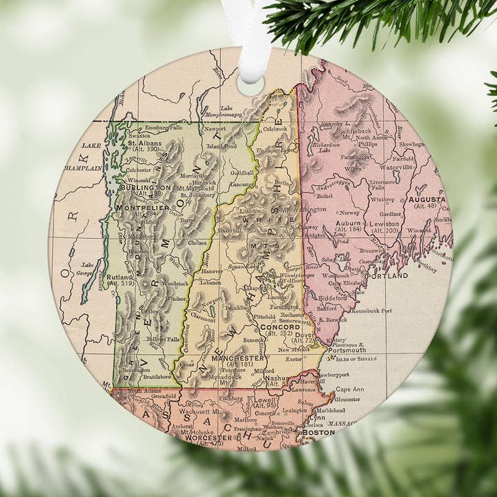 New Hampshire Vintage Map Christmas Ornament for wholesale by Daisy Mae Designs