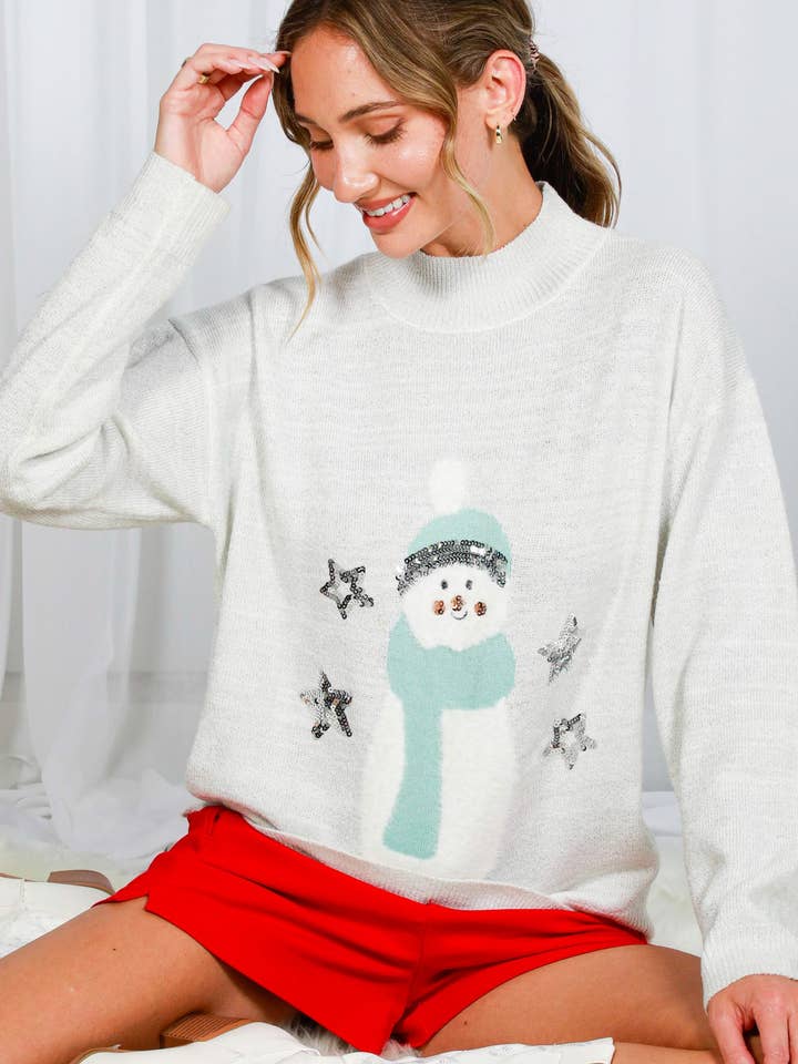 Camisola de Malha Jacquard com Decote Redondo e Bordado de Boneco de Neve VT82040 por atacado de Vine & Love