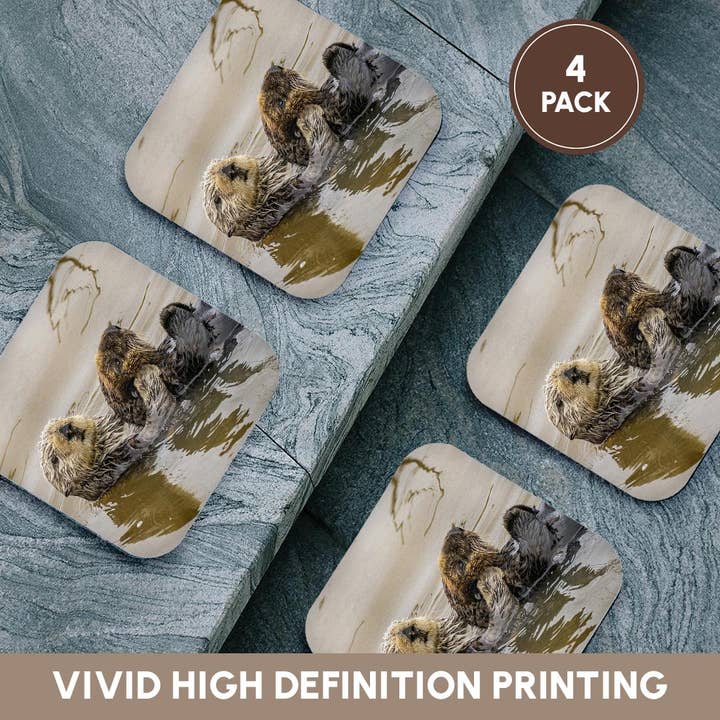 3dRose - Wholesale Coasters - 3dRose, California, Morro Bay. Sea otter mother and pup in water., Coaster12