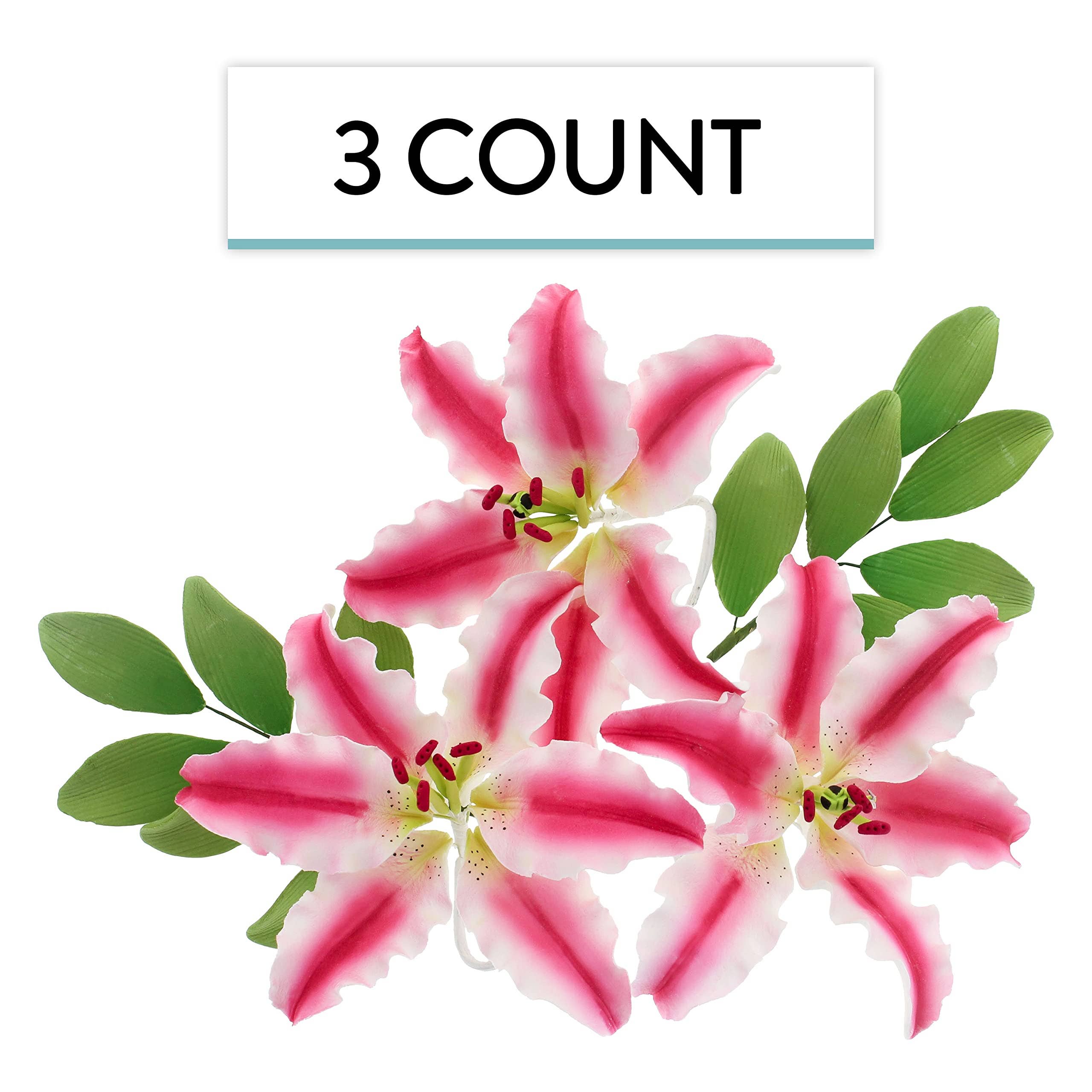 Global Sugar Art - Wholesale Artificial Flowers - Stargazer Lily Sugar Flowers with Leaf Sprays by Global Sugar Art, Pink and White, 3 Count4