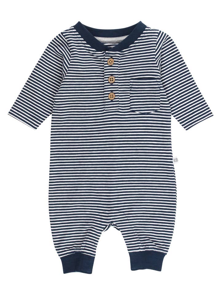Blue Baby Tiny Navy Stripe Knit Henley Pocket Romper
for wholesale on Faire