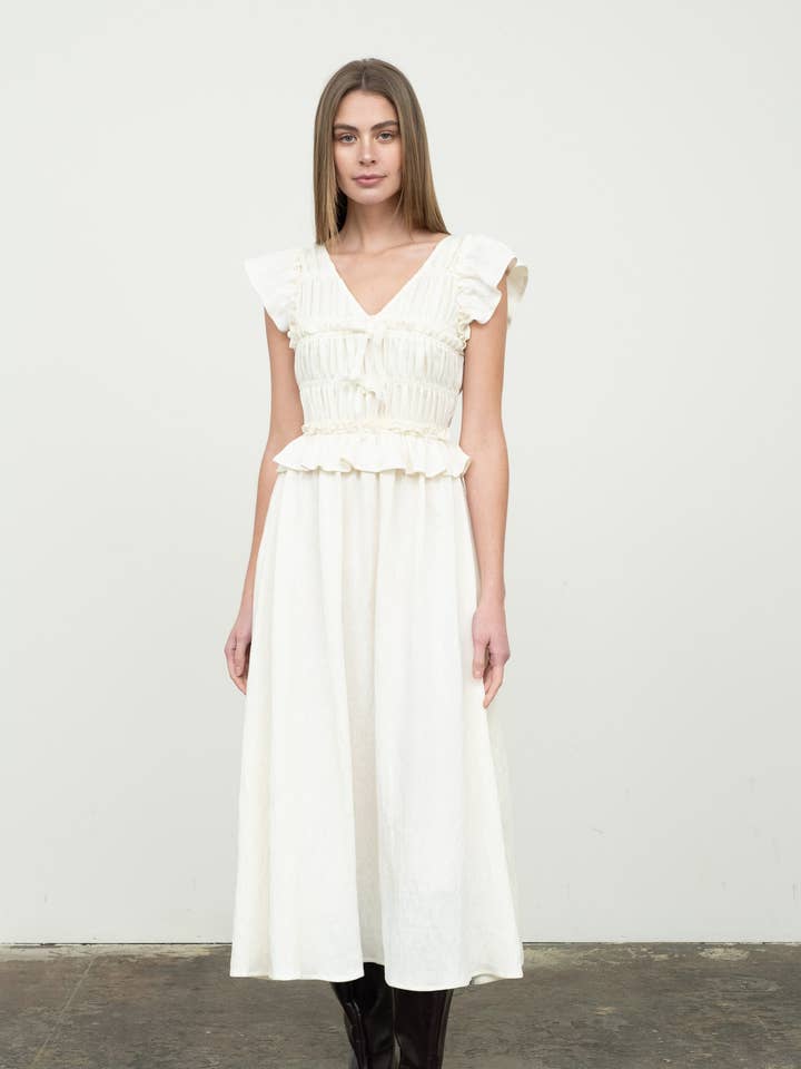 ABITO MIDI ARRICCIATO CON SCOLLO A V E VOLANT per la vendita all'ingrosso da parte di Moon River