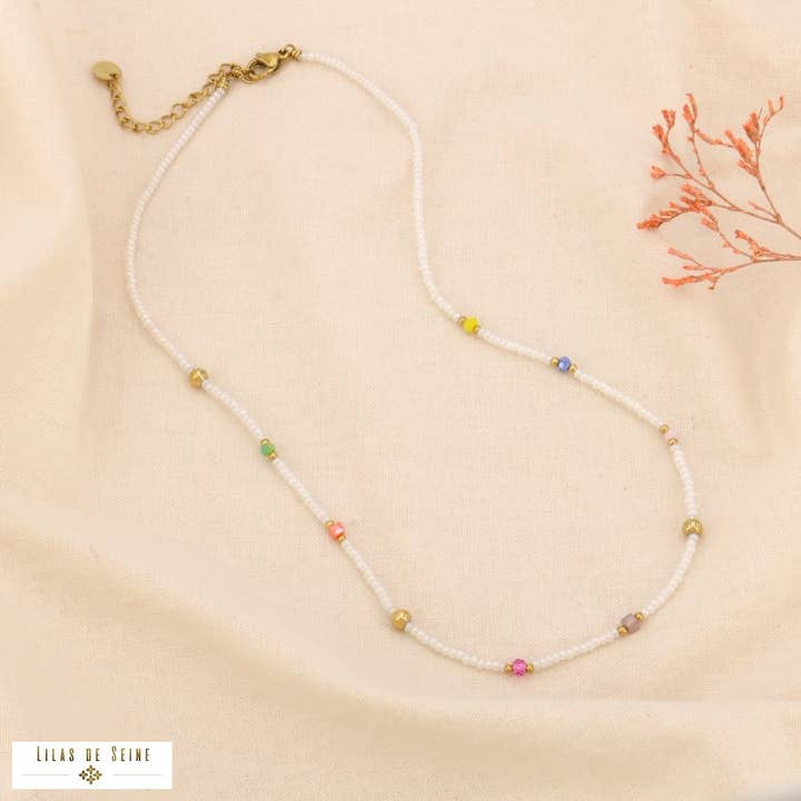 Minimalist steel necklace with seed pearl crystal 0124058 for wholesale by Lilas de Seine