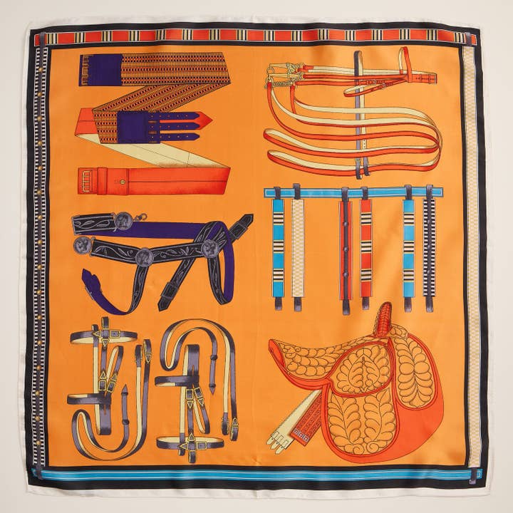 Frem - Wholesale Scarf – Women's - Silk Square Scarf with Equestrian Saddle & Tack Print7