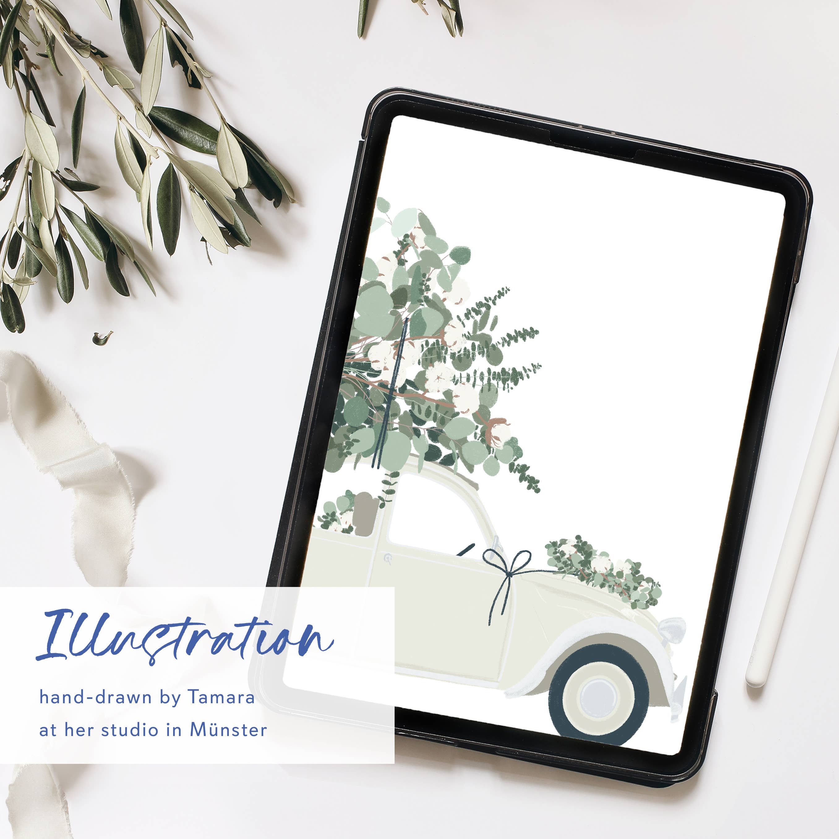 Wildblumen Atelier - Wholesale Wedding Card - Just married car postcard with eucalyptus, FSC certified2