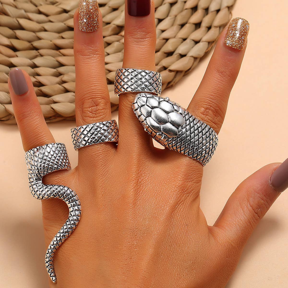 Silver K  Women Vintage Heavy Metal Diablo Gothic Python Ring Set for wholesale on Faire4