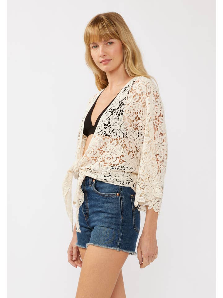 Natural Floral Tie-Front Crochet Kimono for wholesale on Faire2