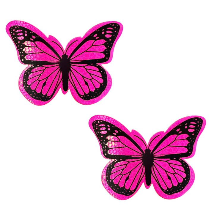 Pink Neon Nights Super Blacklight Holographic Butterfly Nipple Cover Pasties for wholesale on Faire