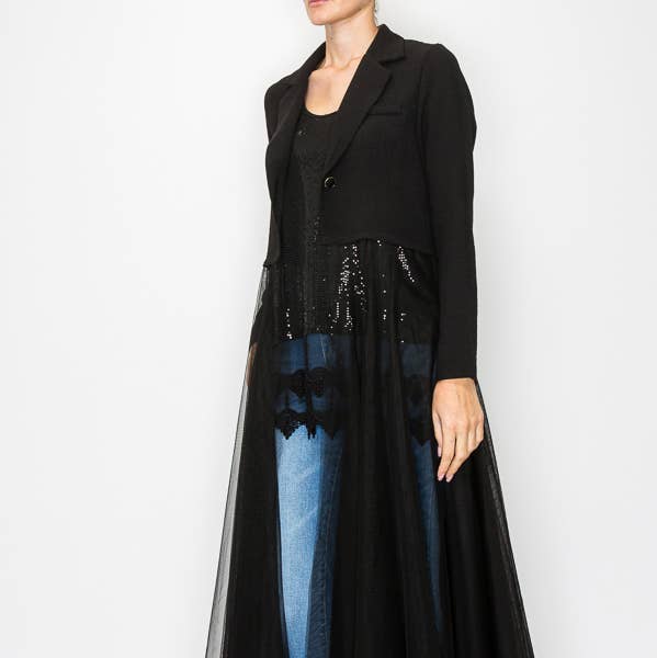 Contrast Blazer Jacket w/ Mesh Tulle -4773 BLACK for wholesale by Origami Apparel ~ Lace and Crochet inspired