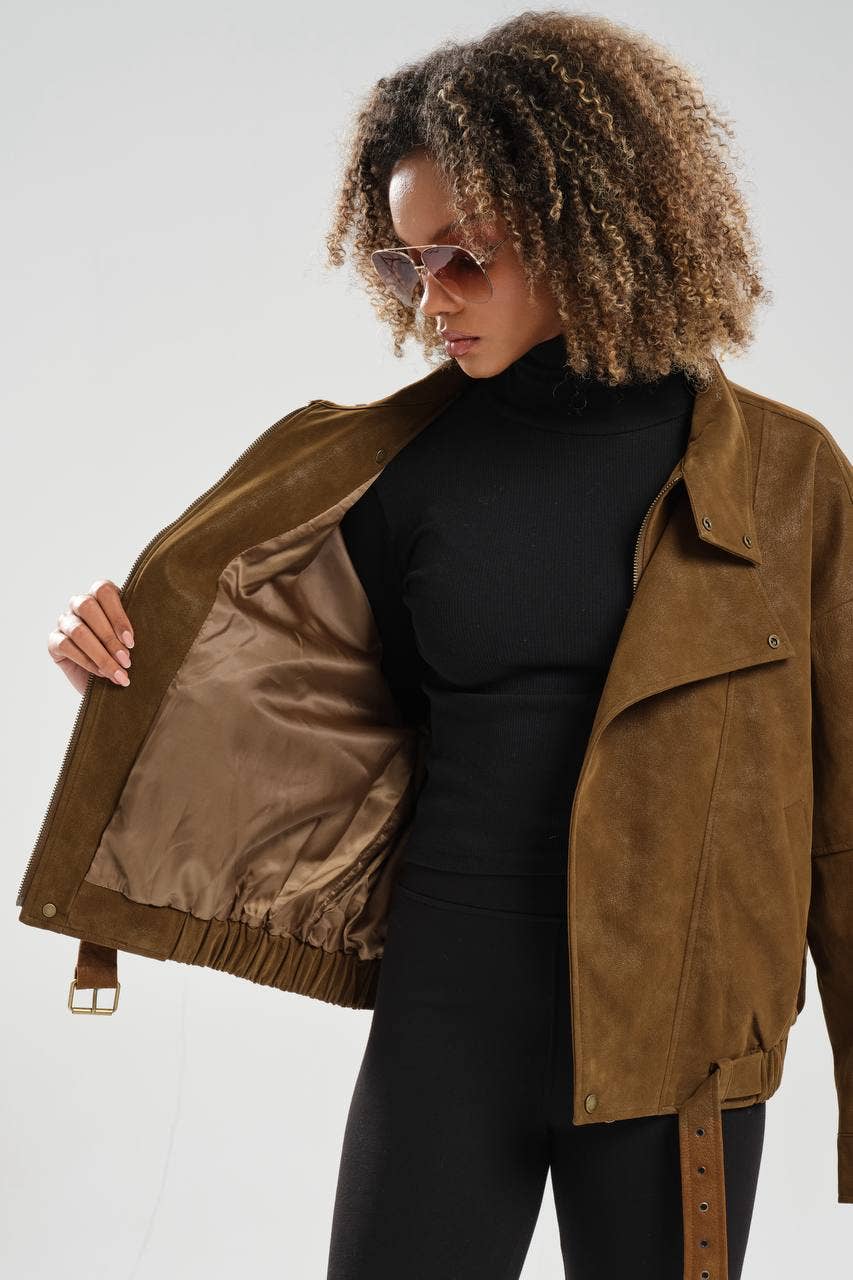 DesignofBoho - Wholesale Jacket - Women's - Oversized Brown Faux Suede Jacket with High Collar and Belt6