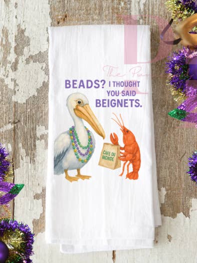 Beads I thought you said Beignets decorative towel for wholesale by The Panicked Pelican