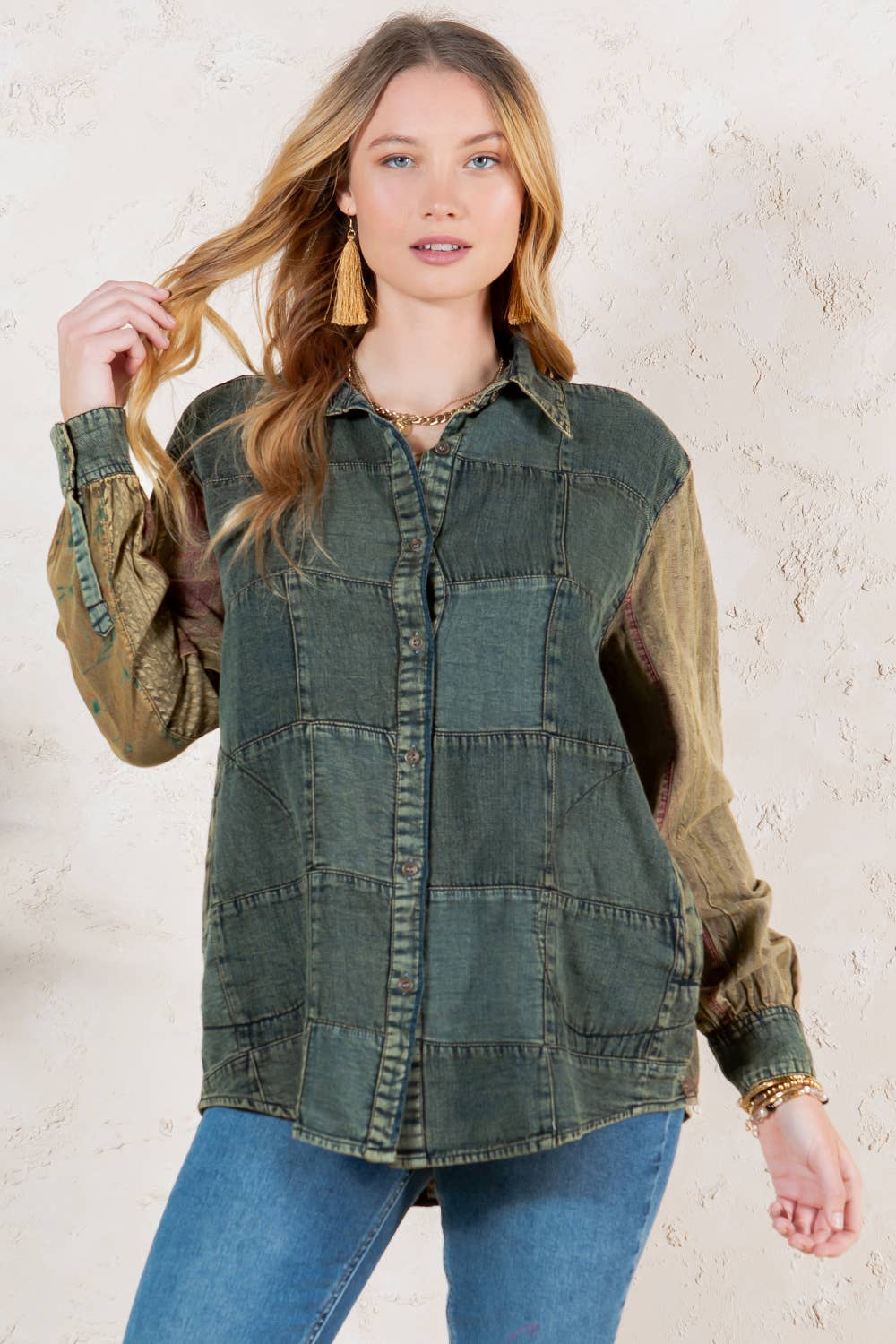 Young Threads - Wholesale Button Down Shirt - Women's - Western Boho Chic: Patchwork Denim Buttondown Shirt 1