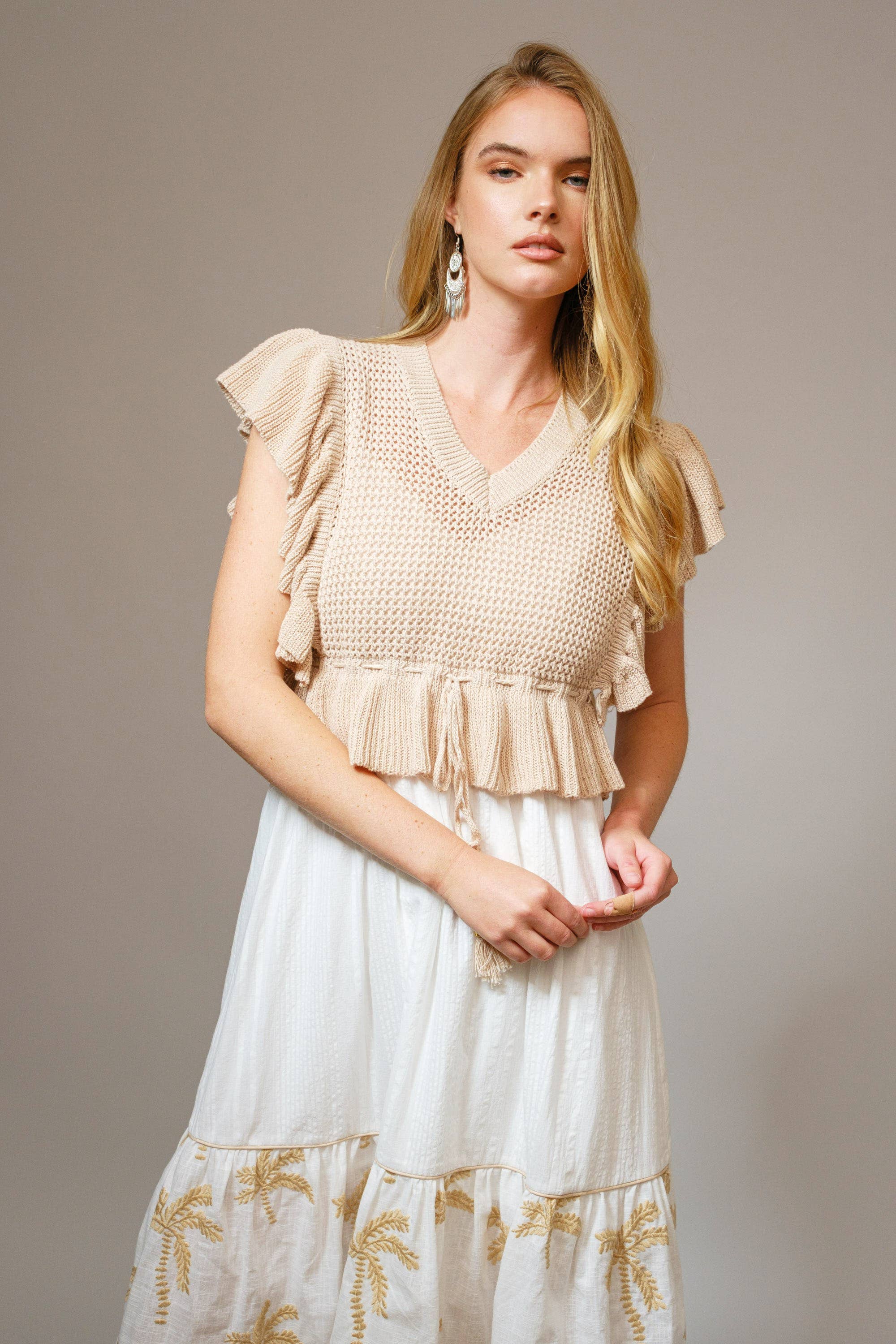 TAUPE 36828SET - Open Knit Embroidered Midi Dress Set for wholesale on Faire8