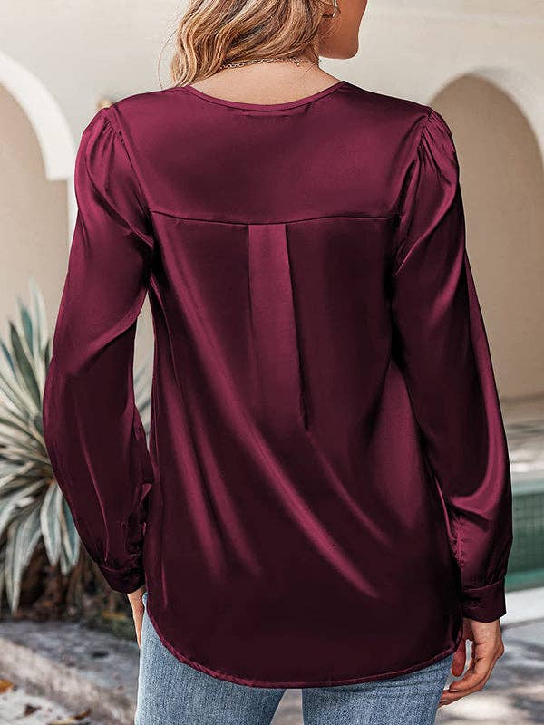 StyleGalX - Wholesale Blouse - Women's - Loose Pleated Solid Color V-Neck Blouses&Shirts Tops3