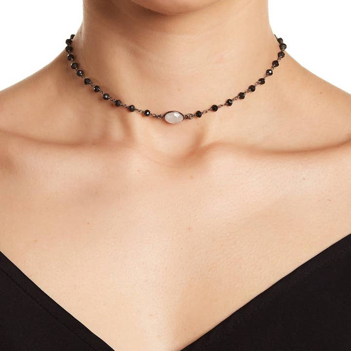 Rosary Choker Necklace moonstone black spinel silver for wholesale by Adornia