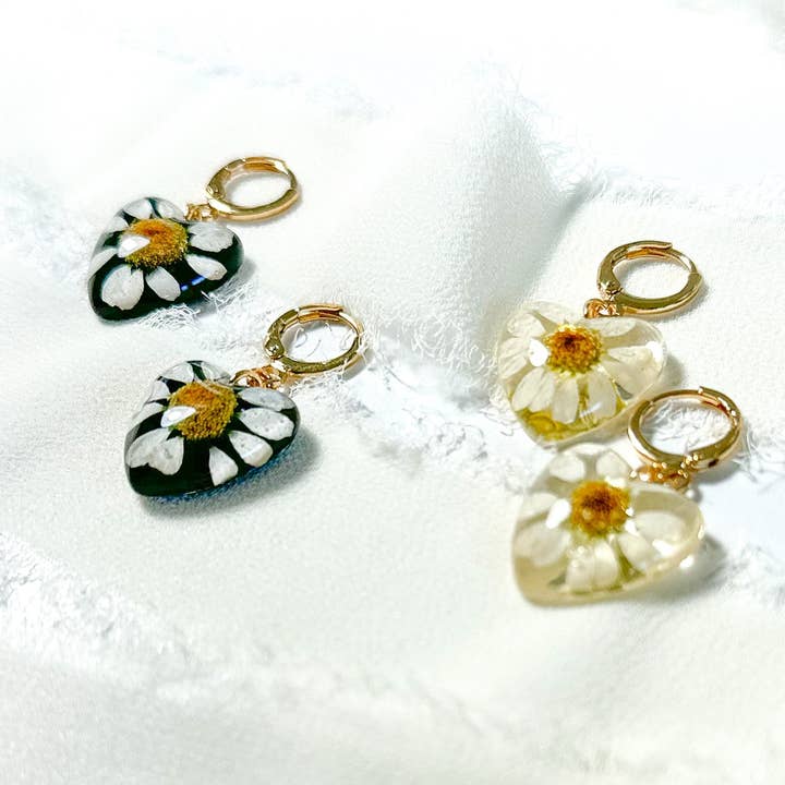 Daisy heart pressed chamomile flower huggie hoops for wholesale by Cast & Clover