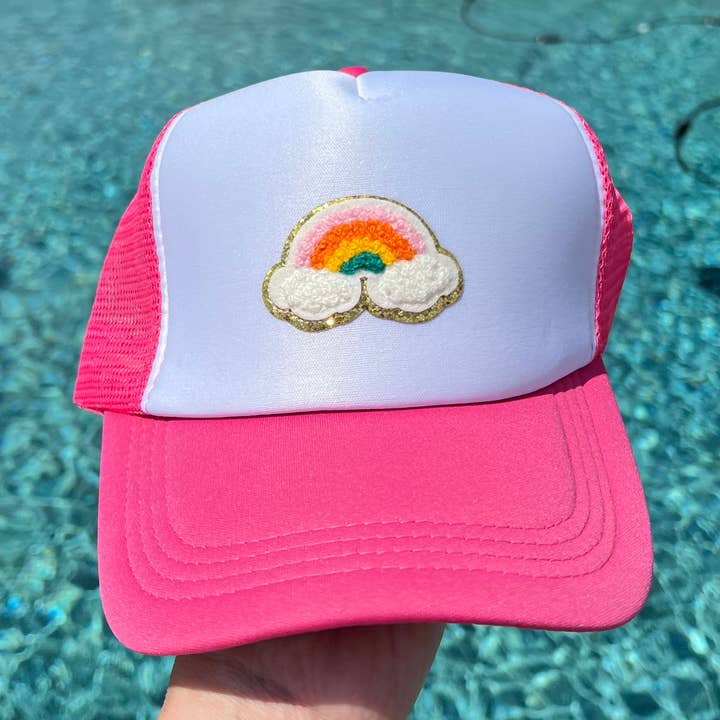 Rainbow Chenille Patch Hot Pink adjustable Truckers Hat for wholesale by Dilworth Road
