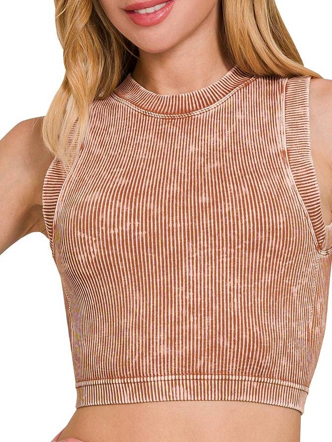 Stonewashed Geribd Naadloos Crop Top Met Bh-Pad voor wholesale door Vanilla Monkey