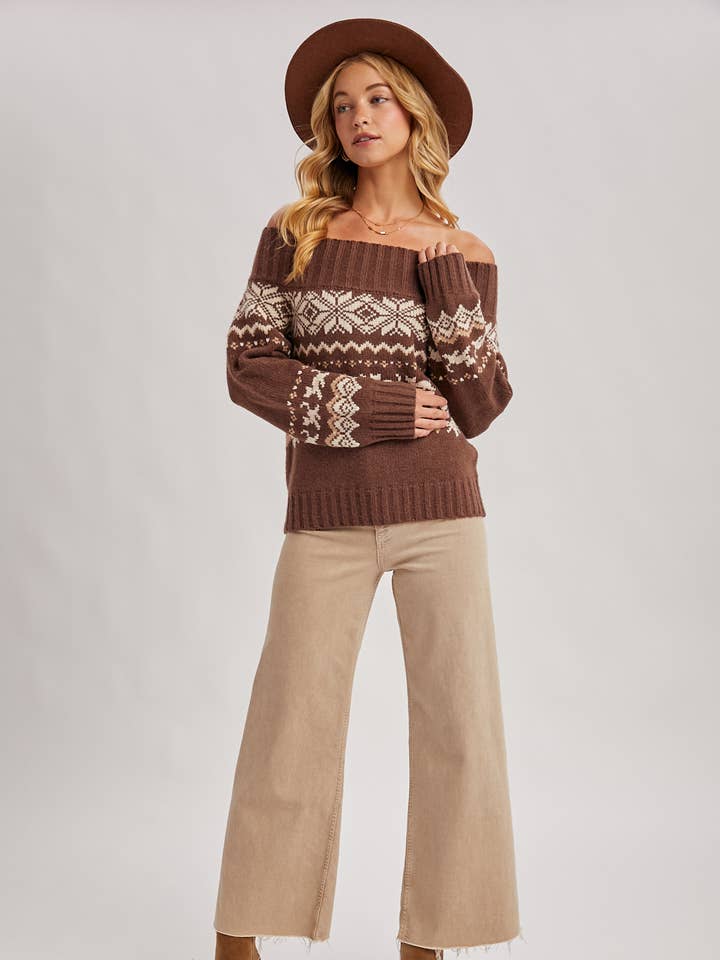 Bluivy - Wholesale Knit Sweater - Women's - FAIR ISLE OFF SHOULDER KNIT SWEATER - HOLIDAY9