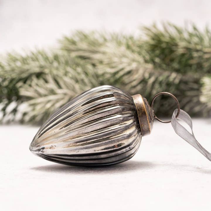 2" Medium Slate Ribbed Glass Christmas Pinecone for wholesale by Bollywood Christmas