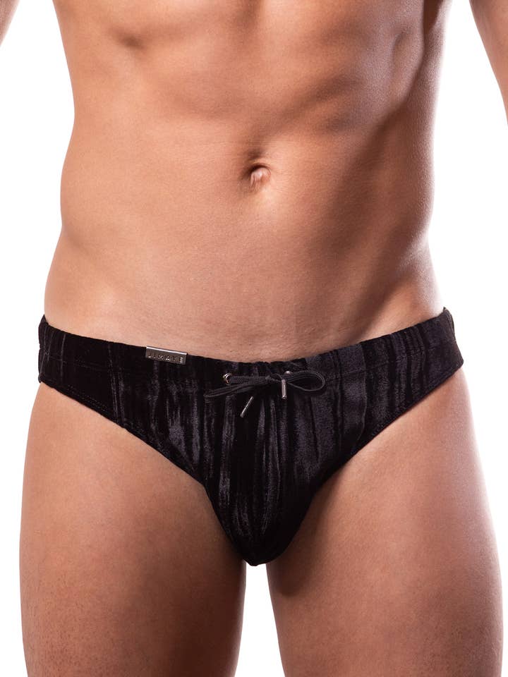 Jet Black Crinkled Velvet Swim Briefs for wholesale by Jimaye LLC