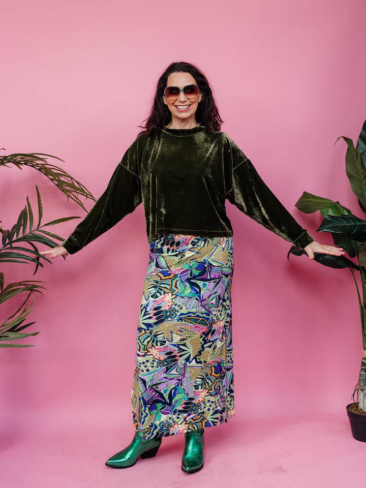 Velvet Batwing Top in Dark Olive for wholesale by Megan Crook Textiles