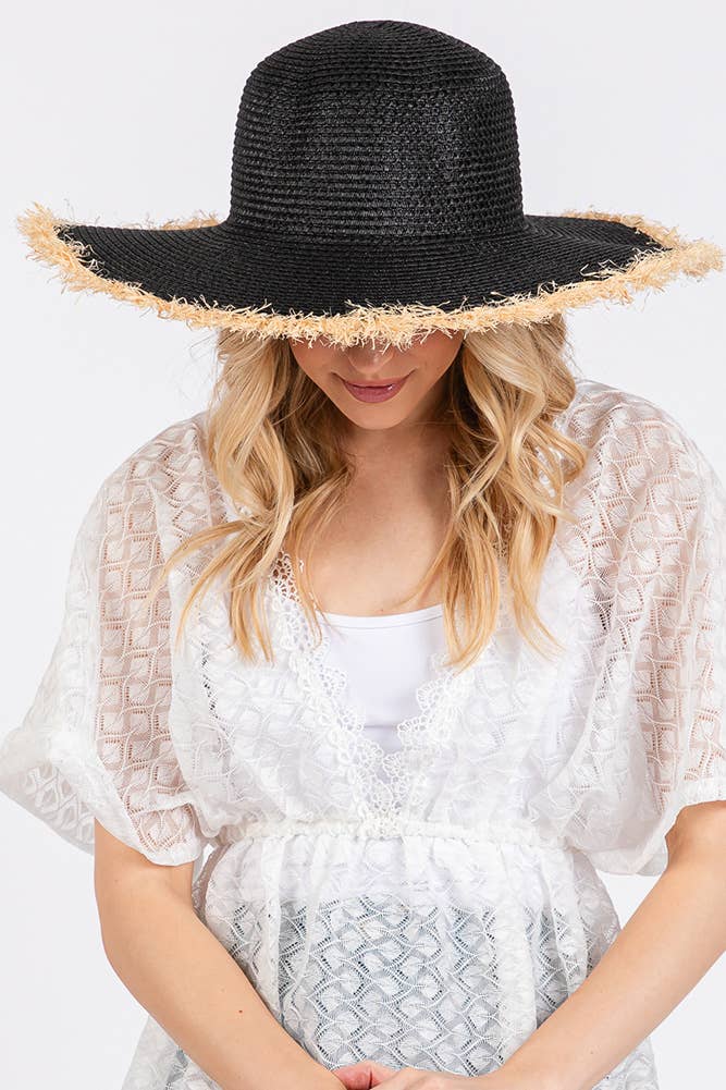 Hana - Vendita all'ingrosso Cappello di paglia - Donna - Cappello Estivo di Paglia a Tesa Larga Bicolore con Bordo Sfilacciato12