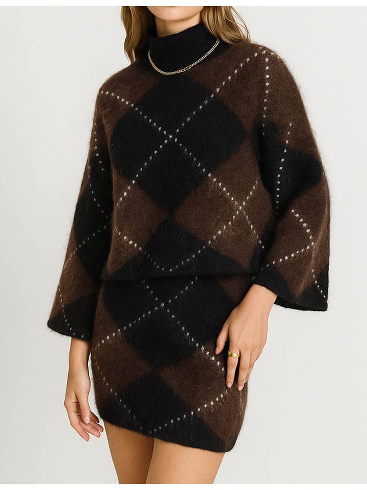 Coffee Ladies Geometric Pattern Mock Collar Long Sleeves Sweater for wholesale on Faire2