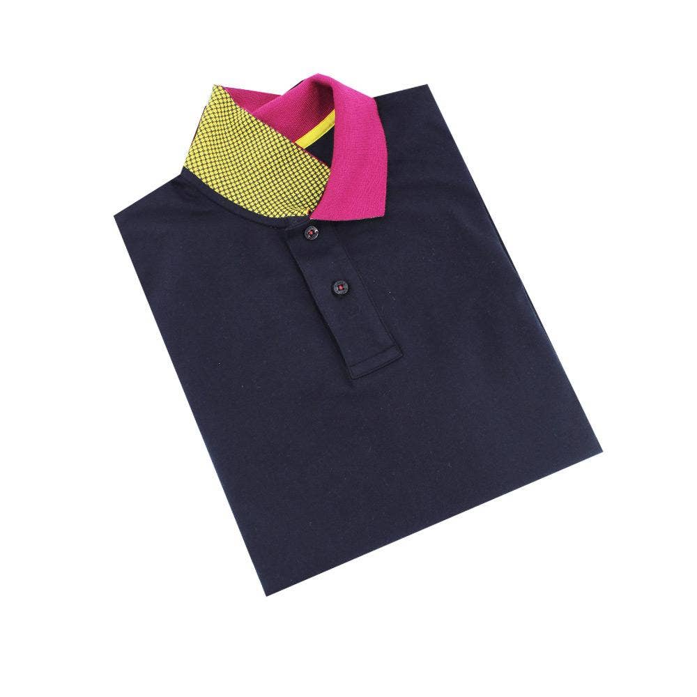 EIGHT X – Polo - Homem por atacado – Polo azul marinho com gola dupla face com estampa de grade amarela e fúcsia3