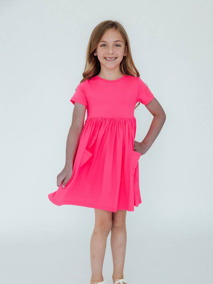 Neon Pink S/S Pocket Twirl Dress for wholesale by Mila & Rose
