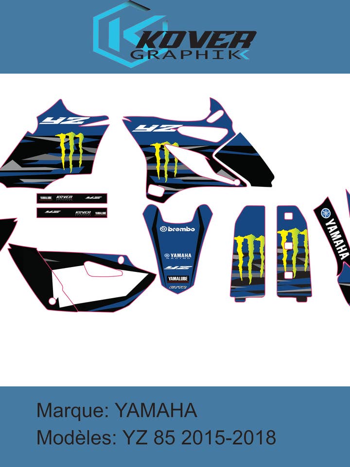 Motorcycle Deco Kit Compatible with Yamaha YZ 85 – Blue/Black Racing Design – Kover Graphik for wholesale by kover graphik
