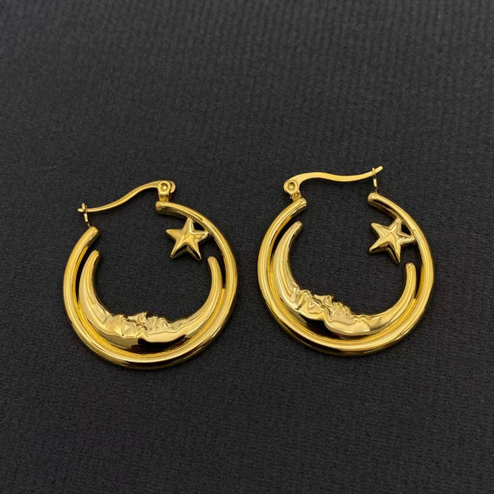 Mio Queena - Wholesale Hoop Earrings - Moon Star 18K Gold Plated S.Steel Hoop Earrings - FGS/MS2