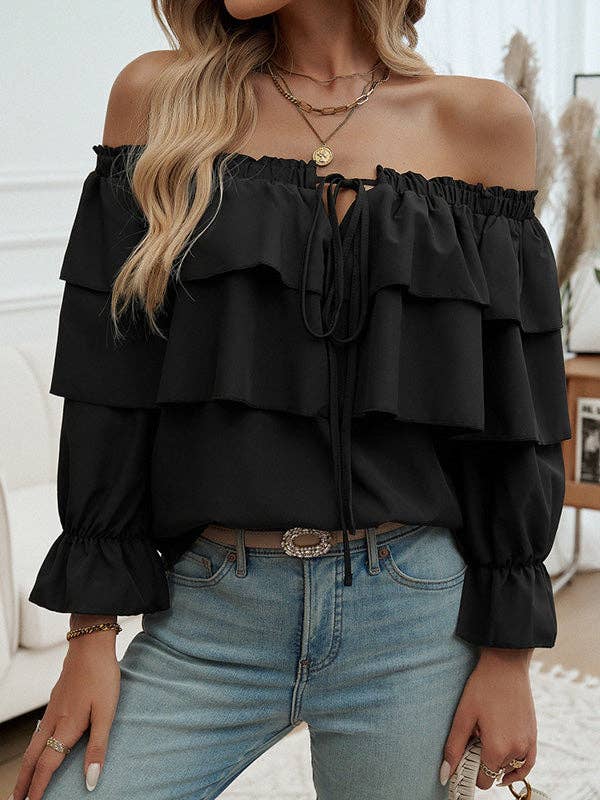 Long Sleeves Loose Layered Pleated Solid Color Split-Joint Tied Off-The-Shoulder Blouses&Shirts Tops for wholesale by VividLux
