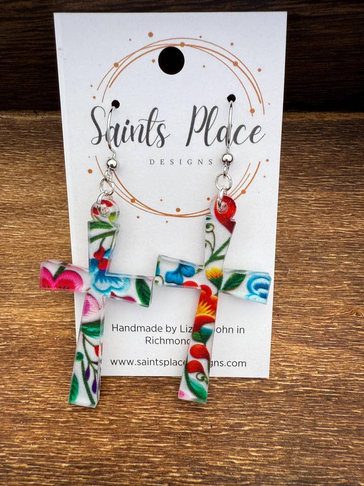 Handcrafted Mexican Floral Cross Bohemian Earrings for wholesale by Saints Place Designs