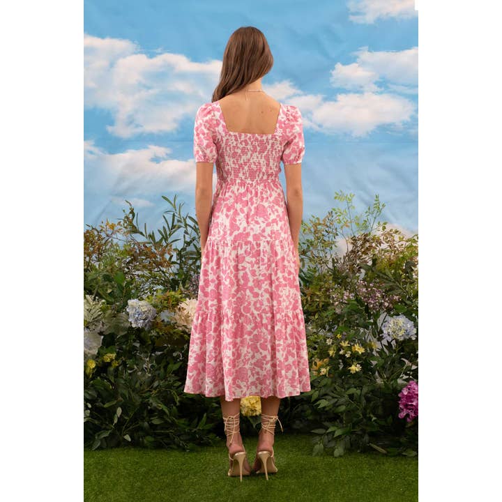 MINE - Wholesale Dress - Women's - CONTRAST FLORAL SQUARE NECK SMOCKED MIDI DRESS