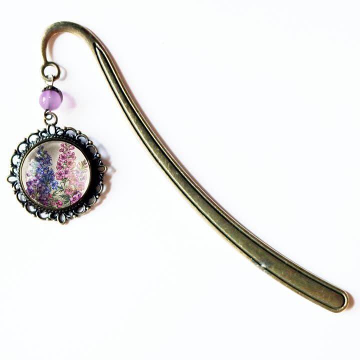 The Divine Iguana - Wholesale Bookmark - Larkspur Flower / Delphinium Bronze and Glass Bookmark