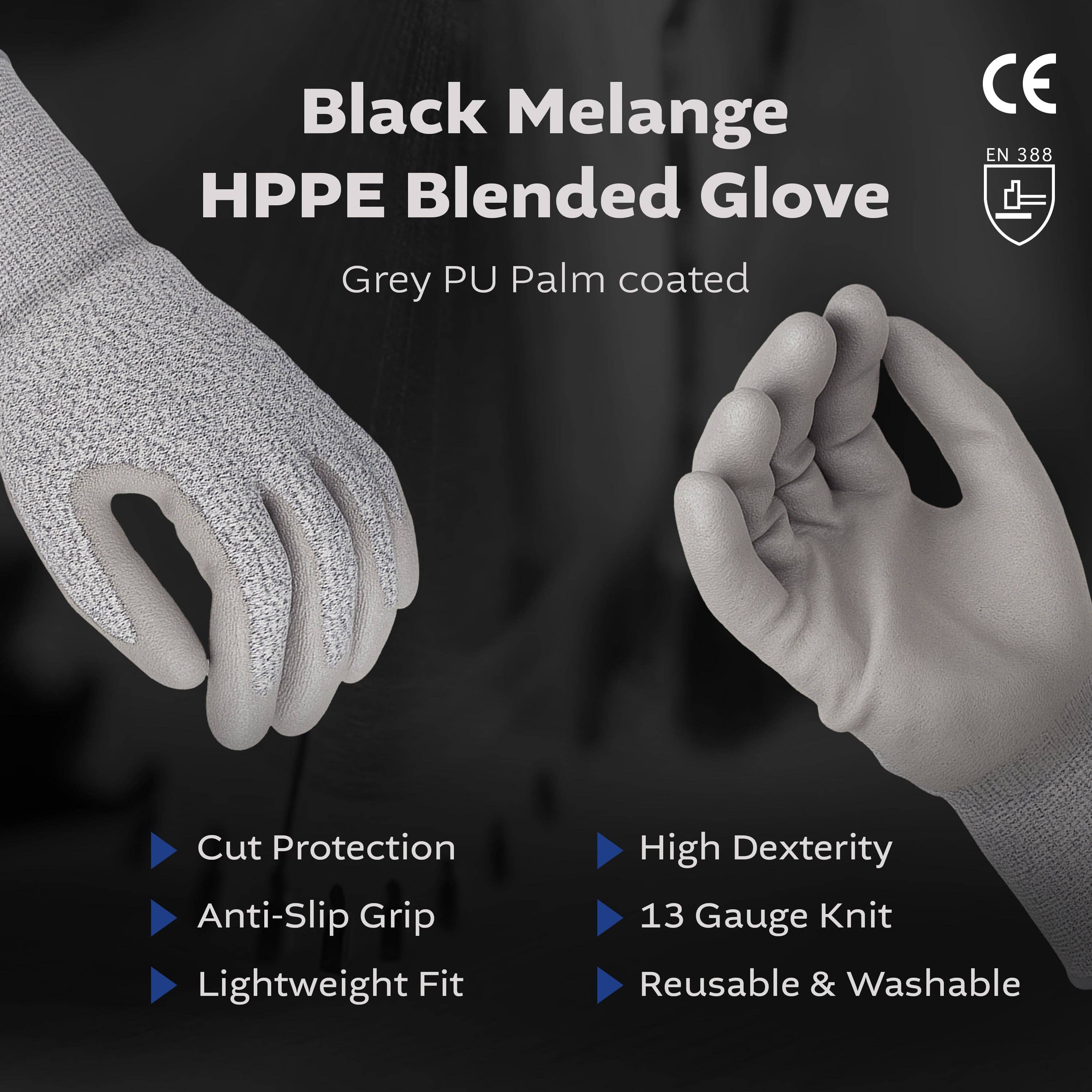 Kproduct4u - Wholesale Gloves - Unisex - Black Melange HPPE Blended Glove - Grey PU Palm coated (4 Sizes), 5ea1